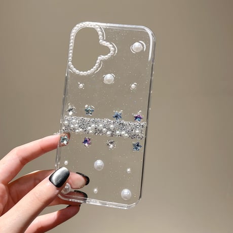ハンドメイド iPhone16plus/16proケース パール/ダイヤデコ iPhone15/14/13promaxカバー 高透明 かわいい 女子力高い [M5360]