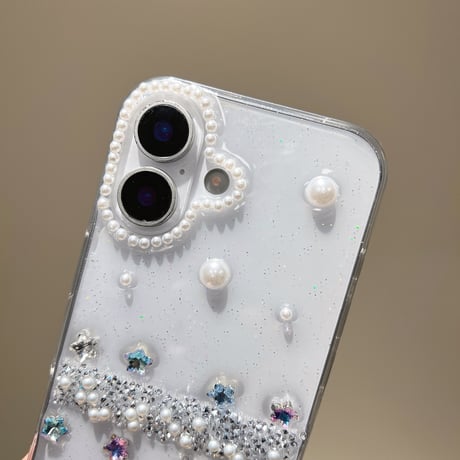 ハンドメイド iPhone16plus/16proケース パール/ダイヤデコ iPhone15/14/13promaxカバー 高透明 かわいい 女子力高い [M5360]