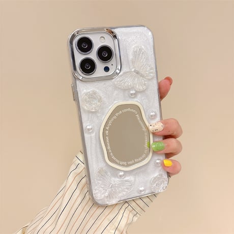 鏡付 アイフォン15/15プロ/15プラスケース 蝶/パール iPhone14/13pro/12ケース 可愛い 女子力アップ[M4496]