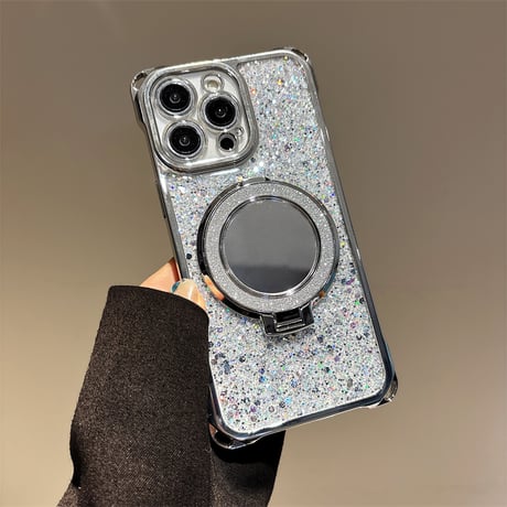 鏡リングスタンド付 iPhone16/16proケース ラメ入り iPhone15pro/14/13カバー バックチャーム/ショルダーストラップ付 [M5394]