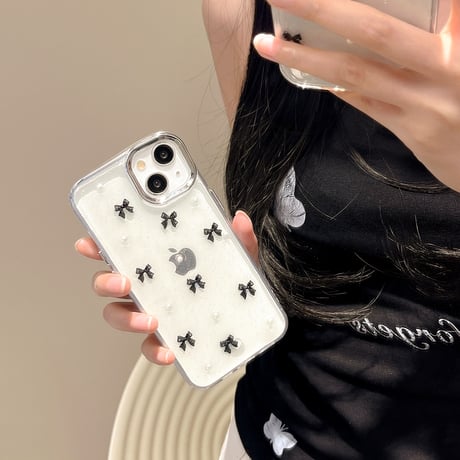 金属リボン iPhone16/15proケース パール iPhone14/13pro/12クリアケース かわいい 女子力高い[M4440]