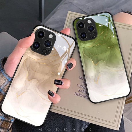 大理石調ガラスiPhone14/13proケース グリーン/ブラウン iPhone12/11proカバー  トレンド 涼しい感じ 夏に人気 男女兼用[M3176]