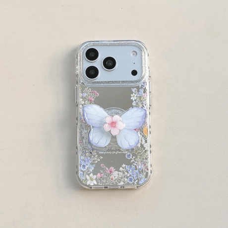 草花柄ミラー iPhone17pro/17ケース 蝶グリップ iPhone16promax/15proケース かわいい 便利 女子力高い[M6164]