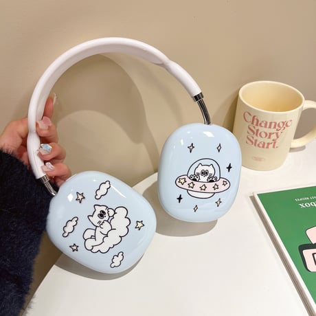 可愛い猫 AirPodsMaxケース 水色 エアーポッズ マックス専用カバー かわいい 耐久性あり ギフトに最適[M3881]