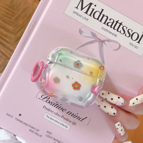 ラメ花 Airpods Pro3ケース 花/ハートキーホルダー Airpods4/3カバー pro2/pro1 うねうね ギフトにおすすめ[M6414]