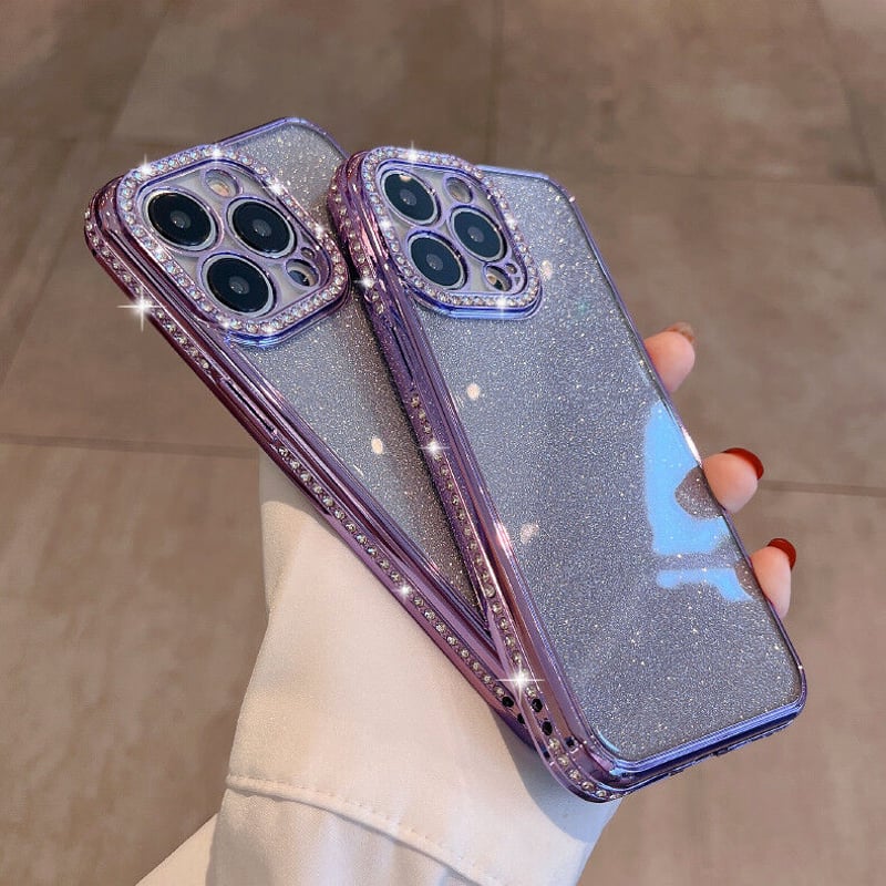 キラキラ紫色 iphone14pro/14promaxケース ラメ入りシール付