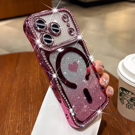 うねうねジュエリーライン iPhone17Pro/17ケース MagSafe対応 ハート柄 iPhone16/15/14ケース ラグジュアリー感 メタリックカラー レンズ保護[M6311]