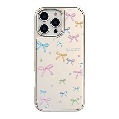 リボン柄 iPhone16pro/16ケース メイク直し鏡 iPhone15/14promax/13proケース 春夏向け 大人可愛い 丈夫[M5213]