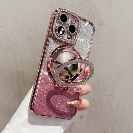 iPhone17/17Proケース 鏡付Magsafeリングスタンド iPhone16/15Proケース  ストーン  綺麗 多機能 コスパ最強[M3769]