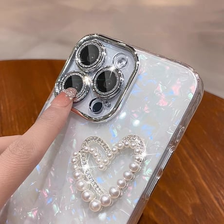 キラキラレンズカバー iPhone16Pro/16plusケース パールハートデコ  アイフォン14プロ/13promax/12カバー 黄ばまない[M4610]