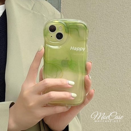 抹茶グリーン暈し染め iPhone13/14カバー Happy高級感 iphone12pro/11ケース  可愛い 透明感 頑丈 波紋枠 落下防止 [M2881]