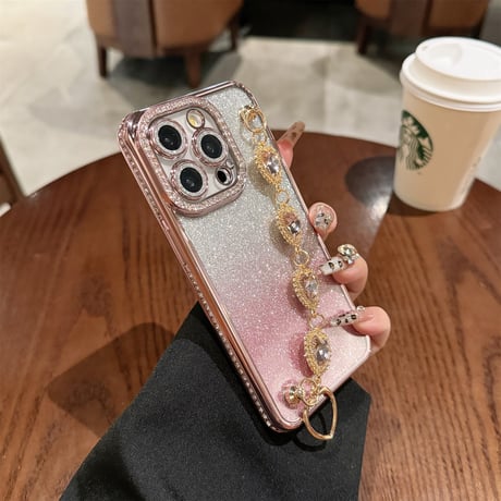 ビジュー iPhone16/16proケース ハートダイヤチェーン iPhone14Pro/13/12proカバー キラキラ 女子力高い [M4634]