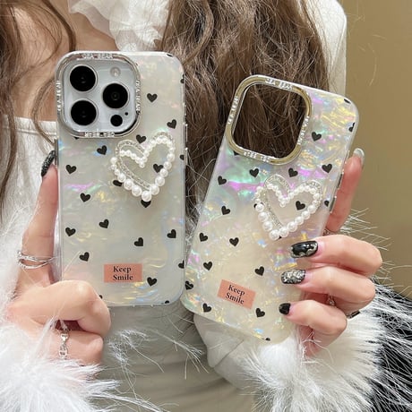 パールハート iPhone15/15proカバー シェル風 iPhone14pro/13pro/12proケース かわいい キラキラ 女子 ギフトに最適[M4079]