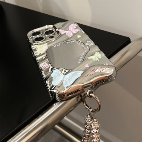 ジュエリーストラップ iPhone15pro/15ケース 鏡付き蝶柄 アイフォン14pro/13promax/12カバー 可愛い 女子力アップ[M4316]
