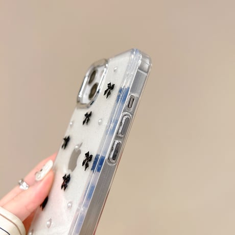 金属リボン iPhone16/15proケース パール iPhone14/13pro/12クリアケース かわいい 女子力高い[M4440]