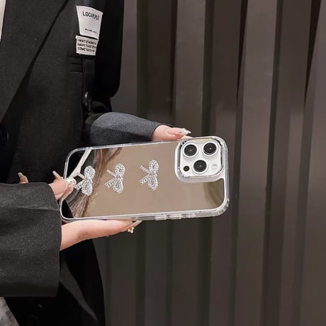 ジュエリーリボン iPhone16pro/16カバー メイク鏡付 iPhone15ptomax/14pro/13ケース おしゃれ 上品 可愛い [M5124]