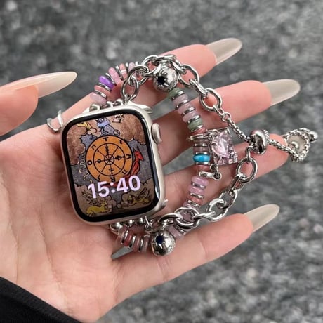 オシャレ Applewatchバンド Series10/9/8/7/6 タロットカード  宝石ビーズ  アップルウォッチチェーン Ultra2/1/SE2 きれい ガールズファッション[M5672]