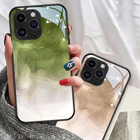 大理石調ガラスiPhone14/13proケース グリーン/ブラウン iPhone12/11proカバー  トレンド 涼しい感じ 夏に人気 男女兼用[M3176]