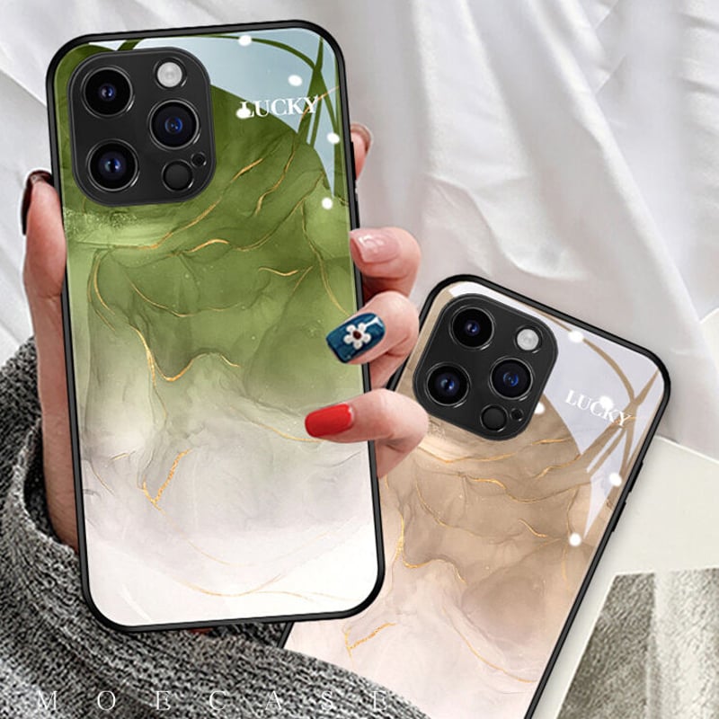 大理石調ガラスiPhone14/13proケース グリーン/ブラウン 大理石調ガラスiPhone14/13proケース グリーン/ブラウン