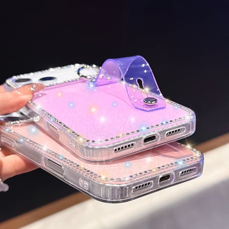 キラキラ光る iPhone17Pro/17ケース ベルト付 ジュエリライン iPhone16Promax/15Pro/14カバー リングスタンド付 美しい  [M5840]