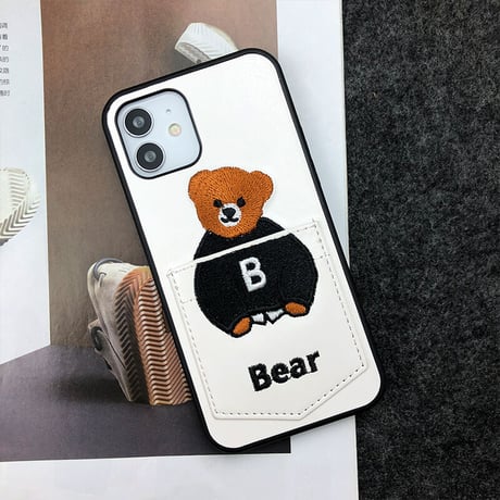 カード収納 iphone14Plus/13promaxケース 刺繡入りクマちゃんiphone12mini/11保護カバー  カップルお揃い 皮製 高品質[M2154]