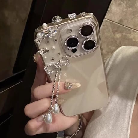 ハンドメイド iPhone16pro/16ケース ダイヤ ジュエリーリボンフリンジ iPhone14/13pro/12カバー 大人可愛い シック[M5203]