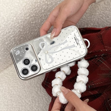 リボン柄ミラー iPhone17pro/17ケース パールデコ 水玉模様 iPhone16/15proケース 可愛い毛玉ストラップ 女子力高い[M6055]