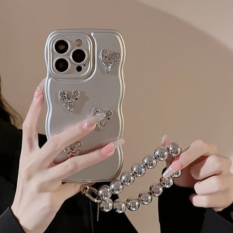 シルバー iphone14/13proケース ハートデコ 持ち手リング付 かわいい 女子力アップ[M3454]