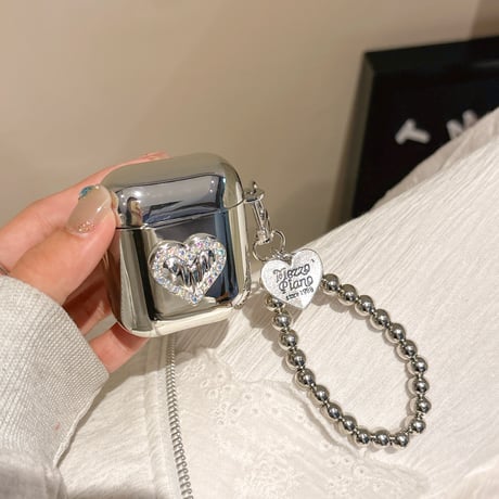 ジュエリーハート Airpods 4ケース 金属ビーズストラップ付 Airpodspro2/proカバー Airpods3/2 めっちゃ可愛い光沢感[M4899]