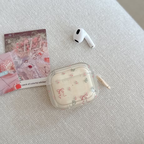 リボン柄 Airpods Pro3ケース 淡色系蝶柄 Airpods 4/3カバー AirpodsPro2/1  リング付き 春コーデ [M6126]