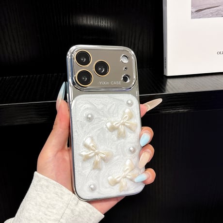 メッキミラー iPhone17Pro/17ケース リボンと真珠 iPhone16Pro/15Pro/14ケース 丈夫 人気デザイン[M6484]