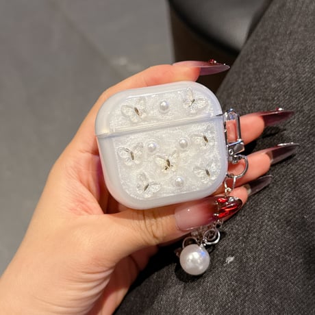 かわいい蝶々 Airpods 4ケース パールキーホルダー付 かわいい Airpods3/Pro2ケース airpodsproカバー 頑丈 ガーリーファッション[M5272]