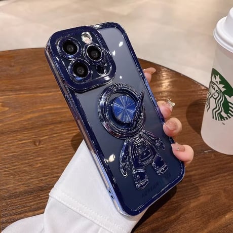 宇宙飛行士リング付 iPhone15/14proケース メッキクリアアイフォン13/12/11proカバー スタンド 便利 艶あり セレブ愛用 [M2637]