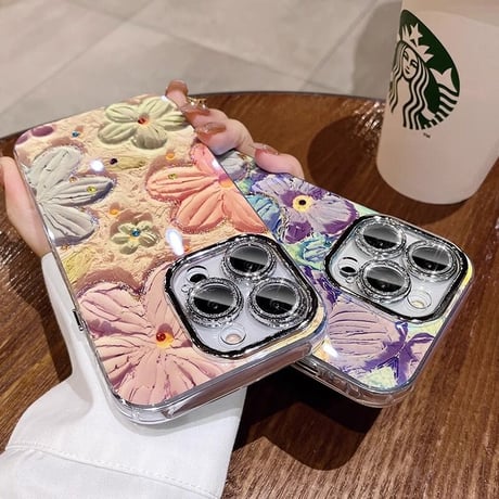 かわいい iPhone16/15pro/15promaxケース 花柄 レンズ保護 キラキラ光る 綺麗iphone14/13/12proカバー [M3533]