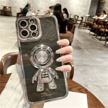 宇宙飛行士リング付 iPhone15/14proケース メッキクリアアイフォン13/12/11proカバー スタンド 便利 艶あり セレブ愛用 [M2637]