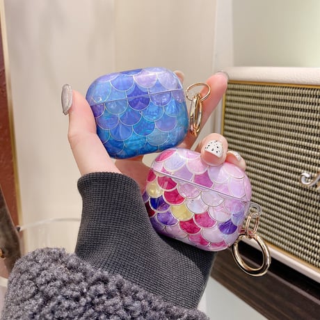 オシャレ 人魚の鱗 airpods第3世代ケース   キラキラ airpodsプロ保護カバー  リング付き 上品  綺麗M1472