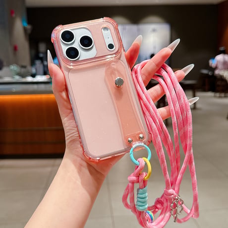 ショルダーストラップ付 iPhone17Pro/17ケース ラメ入り透明 ベルト付 iPhoneAir/17promax/16カバー スタンド 多機能便利 [M5750]