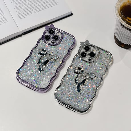 リボン iPhone16pro/16ケース うねうね グリッター iphone14/13pro/12proカバー 女子力アップ キラキラ おしゃれ[M4896]