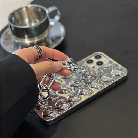 銀色立体ハート iphone12/11promaxケース キラキラツヤ感 iphoneSE2/XS/Xsmaxカバー チェーン付き クール 耐衝撃 M629