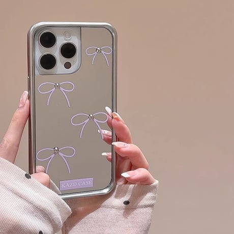 鏡付 リボン iPhone15/15proケース  女子力UP ラベンダー iPhone14/13pro/12ケース かわいい 韓国風 高級感[M4269]