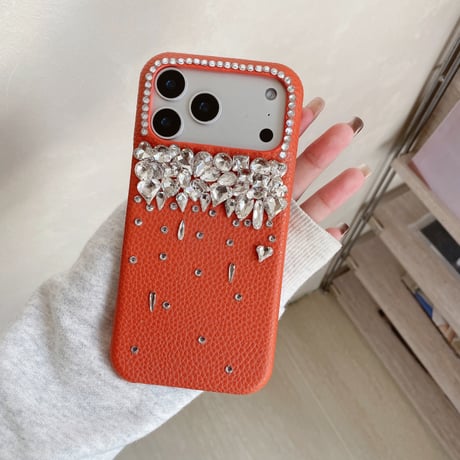 高級感ダイヤモンド iPhone17ProMax/17Proケース オレンジ革製 iPhone17/Airカバー おしゃれ キラキラ 贅沢[M5740]