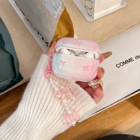 リボン柄 Airpods 4ケース グラデーションカラー ガーリーファッション Airpods3/2カバー Airpodspro2/pro リング/リボンキーチェーン うねうね[M4937]