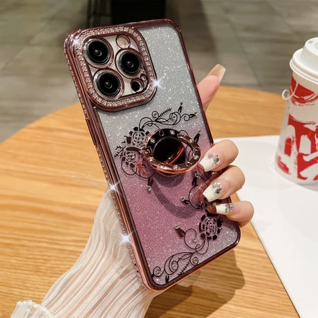 ジュエリー リング付 iPhone15/15proケース  薔薇柄  キラキラiphone13/12/14proカバー きれい 高機能 [M3846]