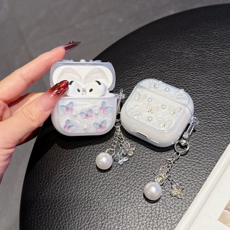 かわいい蝶々 Airpods 4ケース パールキーホルダー付 かわいい Airpods3/Pro2ケース airpodsproカバー 頑丈 ガーリーファッション[M5272]