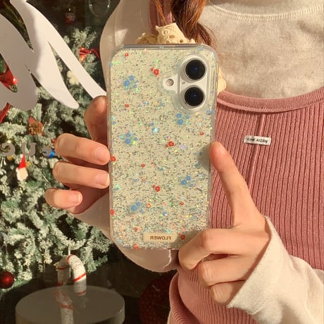 キラキラ花柄 iphone16/16proカバー  ラメ入り おしゃれ iphone15/14pro/13ケース 女子力アップ 可愛すぎる[M4955]