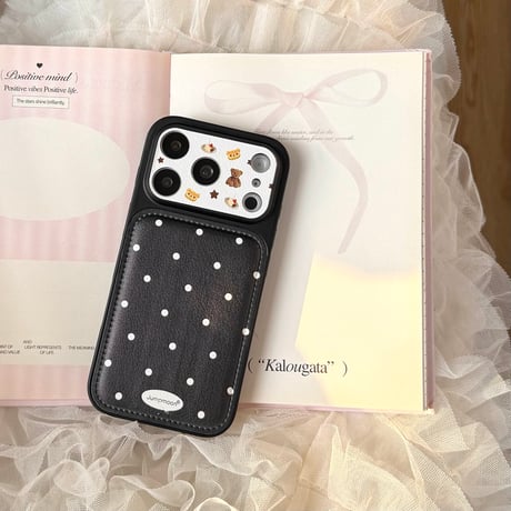 熊ちゃんカメラカバー iPhone17Pro/17ケース 皮 水玉模様 iPhone17ProMax/16Pro/15カバー ブラック ギフトにおすすめ[M6076]