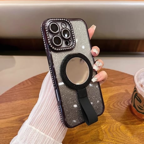リングスタンド付鏡 iPhone16/16Proケース  ダイヤデコ iPhone15/14Pro/13カバー 大人可愛い キラキララメ[M5027]