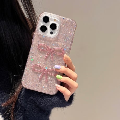 キラキラリボン iPhone16/16proケース グリッター iPhone15Pro/14/13proカバー 可愛い 女子力アップ [M5011]