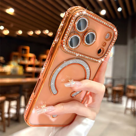 ジュエリー iPhone17Pro/17ケース Magsafe対応 iPhone17Air/17ProMaxケース レンズ保護フィルム付 キラキラライン 大人気 [M5637]