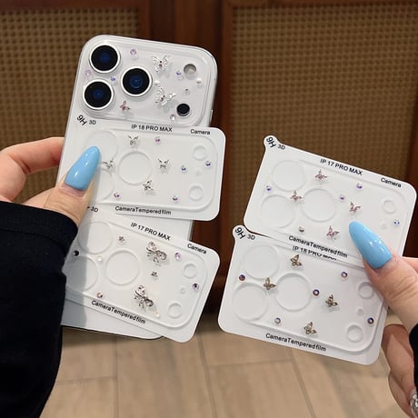 バタフライ／リボン＆ビジュー iPhone18Pro/18ProMax キラキラカメラ保護カバー iPhone17ProMax/17Pro フイルム  大人可愛い [M6768]